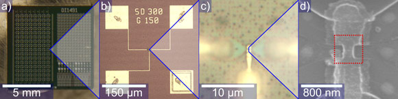 Photograph, optical micrographs and SEM image of a transistor.